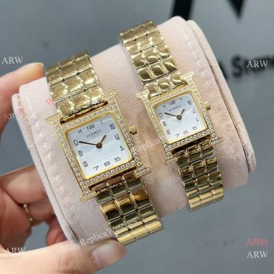 Replica Hermes Heure H Yellow Gold Diamond-set Watches Sapphire Glass